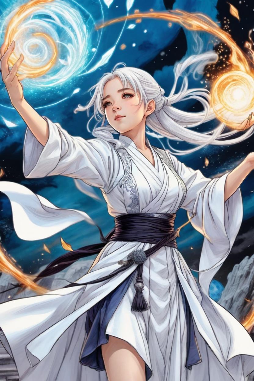 Artificial Intelligence (AI) generated image art, woman, manga concept, ink and colored pencil drawing, art by Tsukasa Abe, as Frieren the mage, HIGHLY DETAILED, frieren manga background, casting a spell, floating in the air, wearing white wizard robes, with white hair in pigtails, in a magical battle