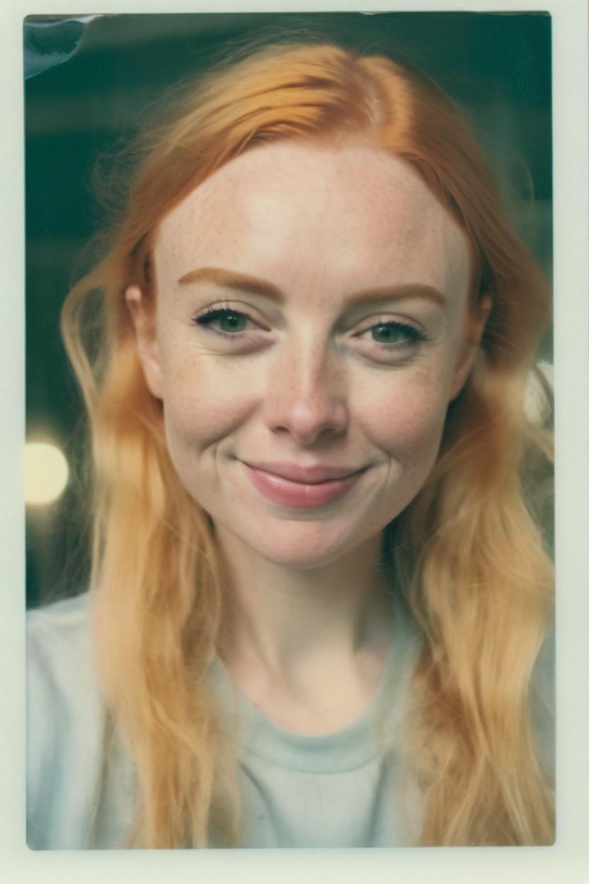 Artificial Intelligence (AI) generated image art, …woman, portrait, old polaroid photo, soft, pastel colors, smiling without teeth showing, not looking directly at camera, realistic, 8k, natural orange hair and light blonde brows …