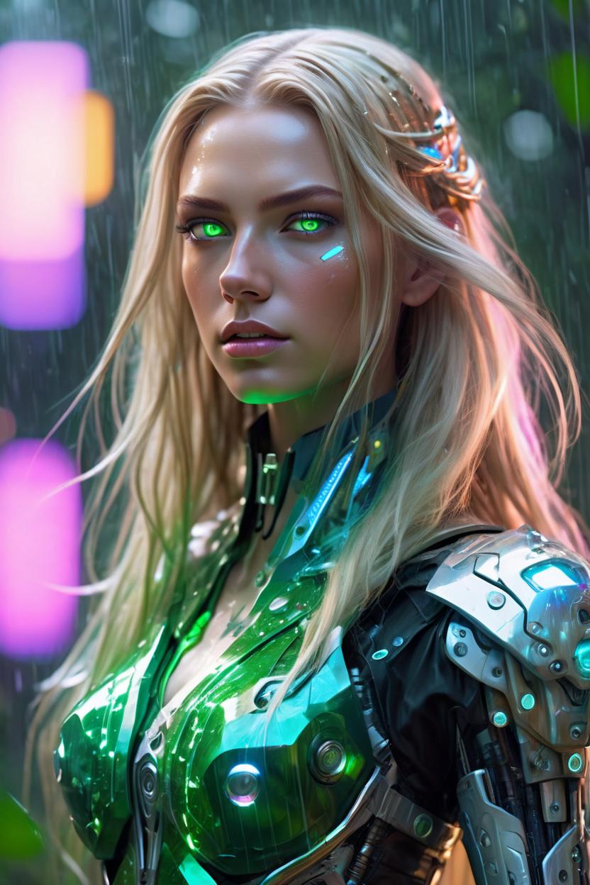 Artificial Intelligence (AI) generated image art, woman, full body image of crystal cyborg under rain in futuristic forest, colorful, fluorescent, perfect mechanical anatomy, approaching perfection, Alita battle angel and sakimichan art style, ((a very beautiful cyborg girl with long flowing blonde hair, gentle face, green eyes, opalescent crystal transparent skin, glowing eyes,)),, many glowing and luminous effect, holographic rainbow light, Focus on maximalist detail and intricate design. Utilize high-resolution 8k concept art to bring this enchanting masterpiece to life. Embrace a blend of biomecanichal and luminescence,