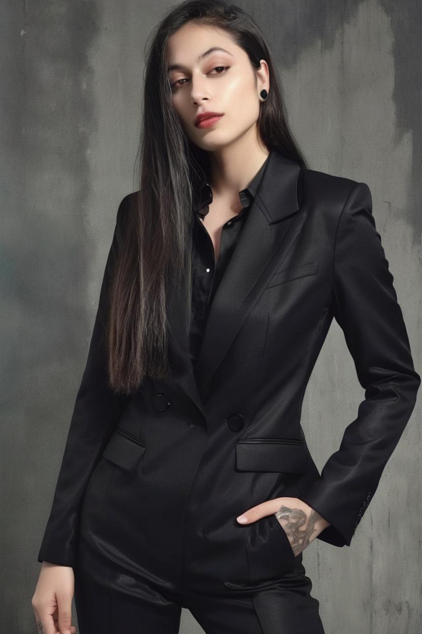 Artificial Intelligence (AI) generated image art, woman, as a model woman, photo shoot realistic high fashion modeling photograph and pose, black suit, long hair