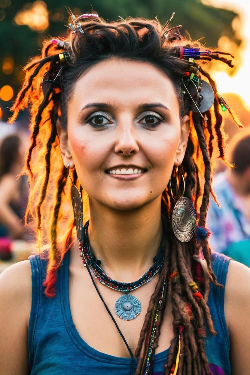Artificial Intelligence (AI) generated image art, Beautiful woman, portrait, with coliurful dreadlocks hairstyle, hippie clothes, as a dj, in open air music event, sunset, stunning photograph
