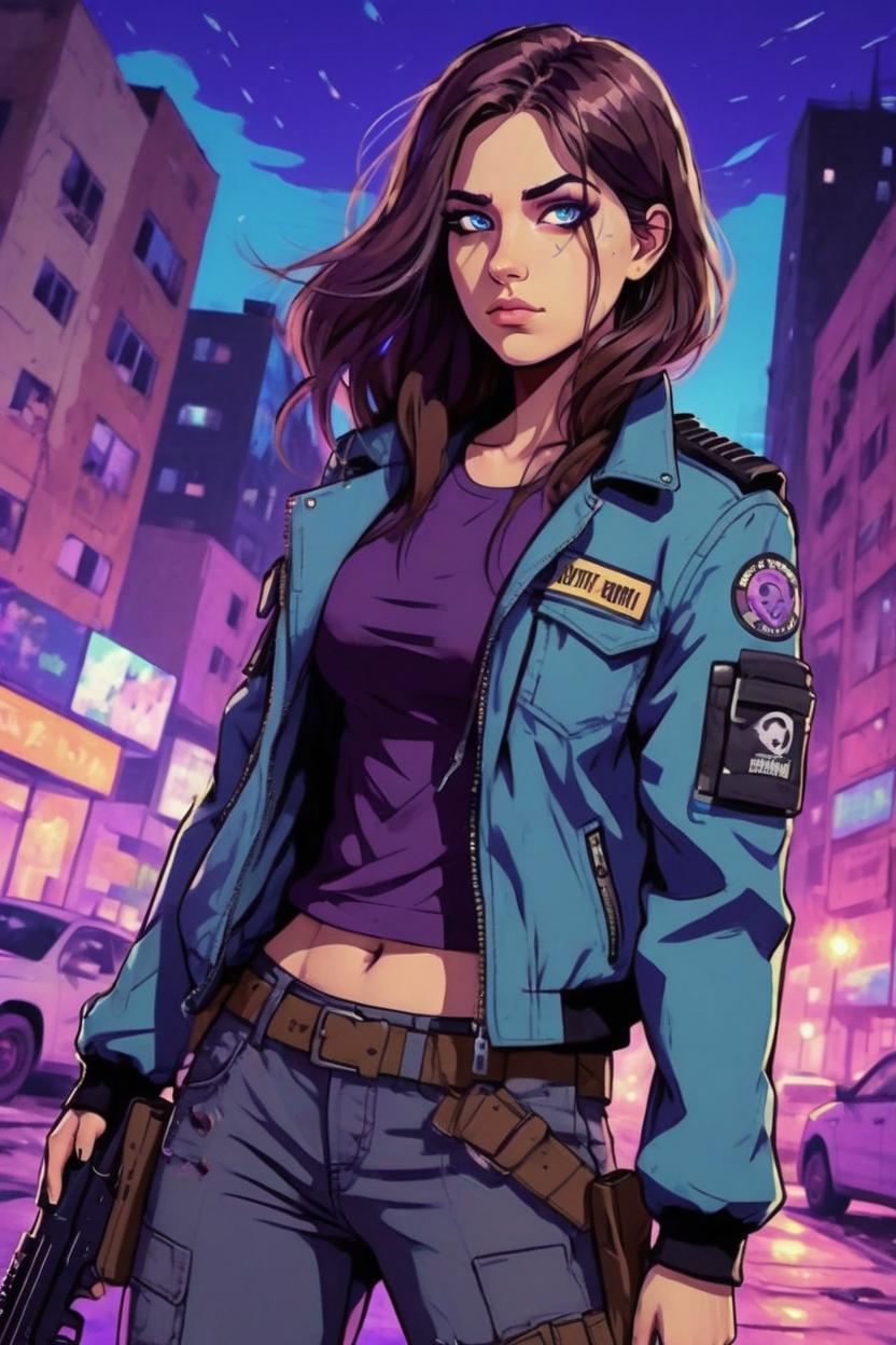 Artificial Intelligence (AI) generated image art, woman, Brown eyes, brown hair long, Latina, hot body, apocalypse, carrying guns, wearing guns, wearing jacket, straps, boots, nighttime, buildings in background, purple and blue colors, animation style art, cartoon style art, brown eyes