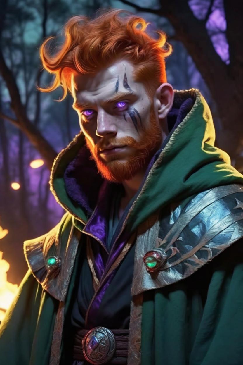 Artificial Intelligence (AI) generated image art, man, standing in the moonlight wearing a tattered wizard robe, he has red glowing eyes, ginger hair, fantasy wizard, dnd, ((blue and green fire from hands)), fantasy art by Greg Rutkowski, highly detailed, sharp focus, 4k, purple and black and red fire engulfs forest behind him, ominous