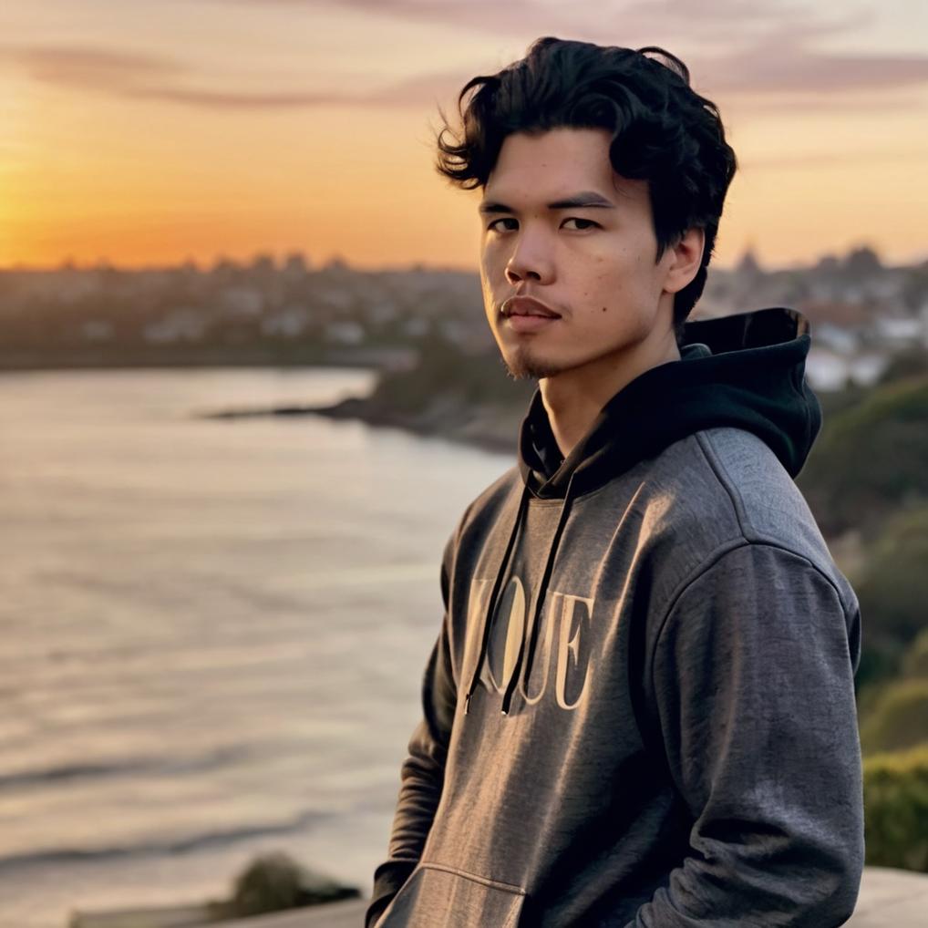 Artificial Intelligence (AI) generated image art, ((man)), portrait, sunset in background, Vogue style photo shoot. man is wearing a hoodie, casual and candid.