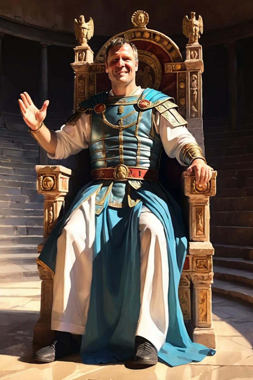 Artificial Intelligence (AI) generated image art, man, as roman emperor, art by greg rutkowski, in the emperor throne in colosseum, waving to the crowd, stunning artwork, beautiful light