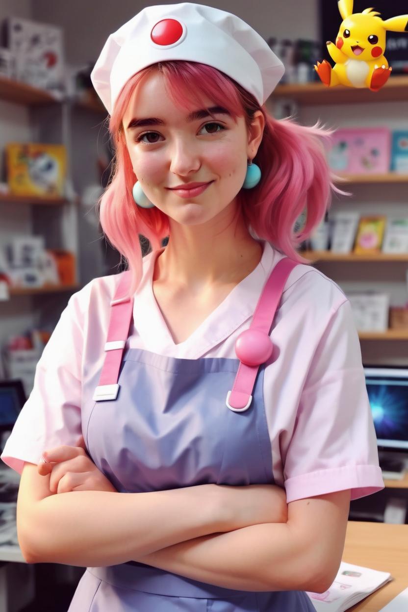Artificial Intelligence (AI) generated image art, woman, ((anime art)), ((art by Artgerm)), ((2D digital painting)), as nurse Joy holding a pokeball, in a Pokemon clinic, with pink hair, wearing a pale pink dress with a white apron, with nurse's hat