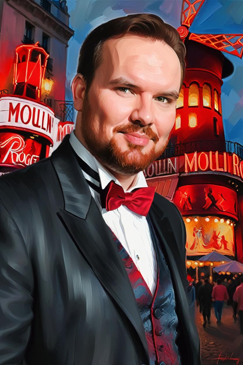 Artificial Intelligence (AI) generated image art, man, wide brush strokes like an oil painting, Moulin ROuge, handsome heavy set tall Moulin Rouge poster, Masterpiece, intricate hands