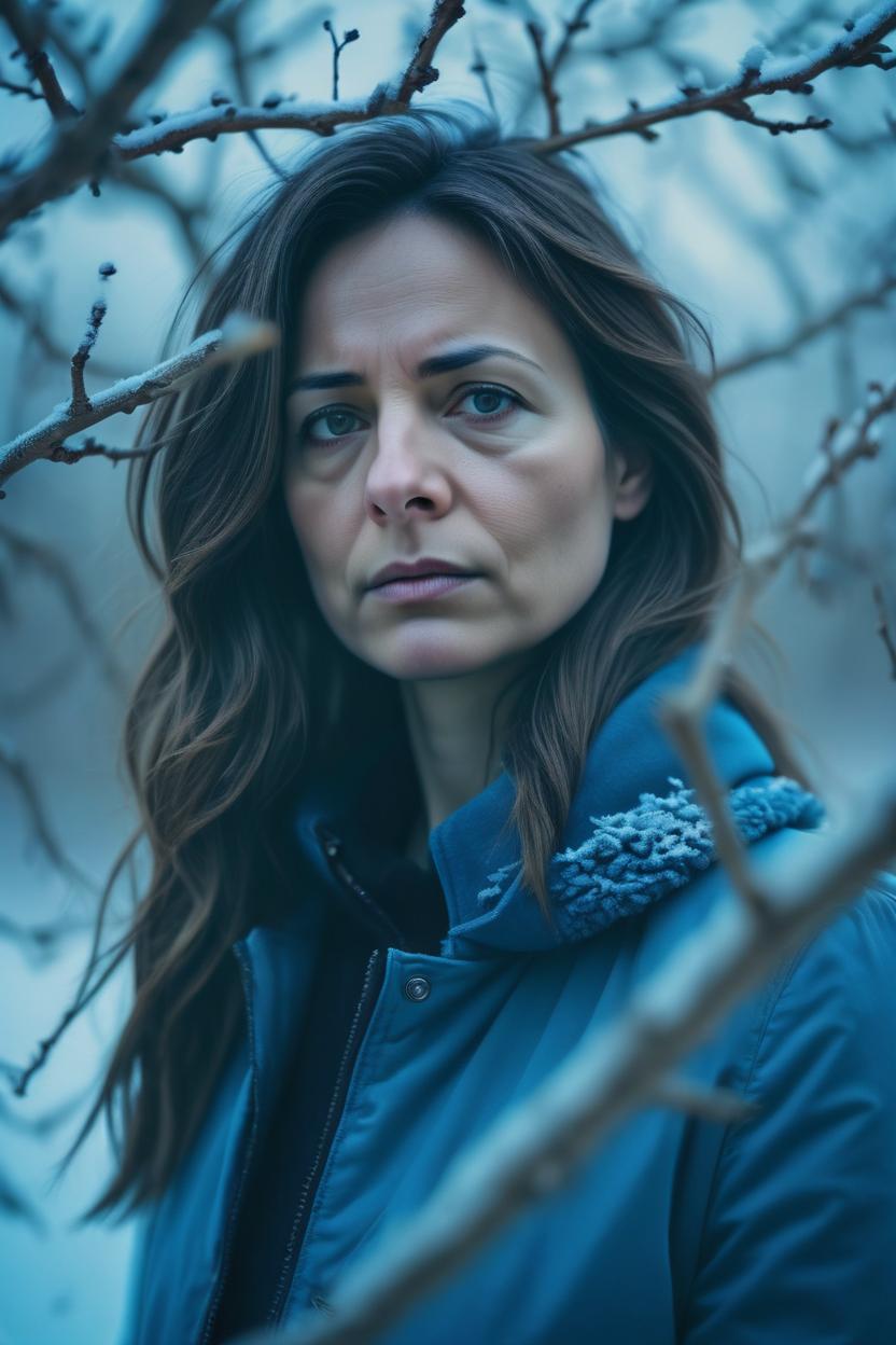 Artificial Intelligence (AI) generated image art, woman, the image is a womans pensive face overlaid with the bare branches of a winter tree, creating an introspective and melancholic atmosphere the cool blue tones add to the overall moody feel, while mixed reality technology brings depth and realism to the composition this photo was captured on zenit 11, helios 44 film grain camera, further enhancing the artistic expression of this stunning image