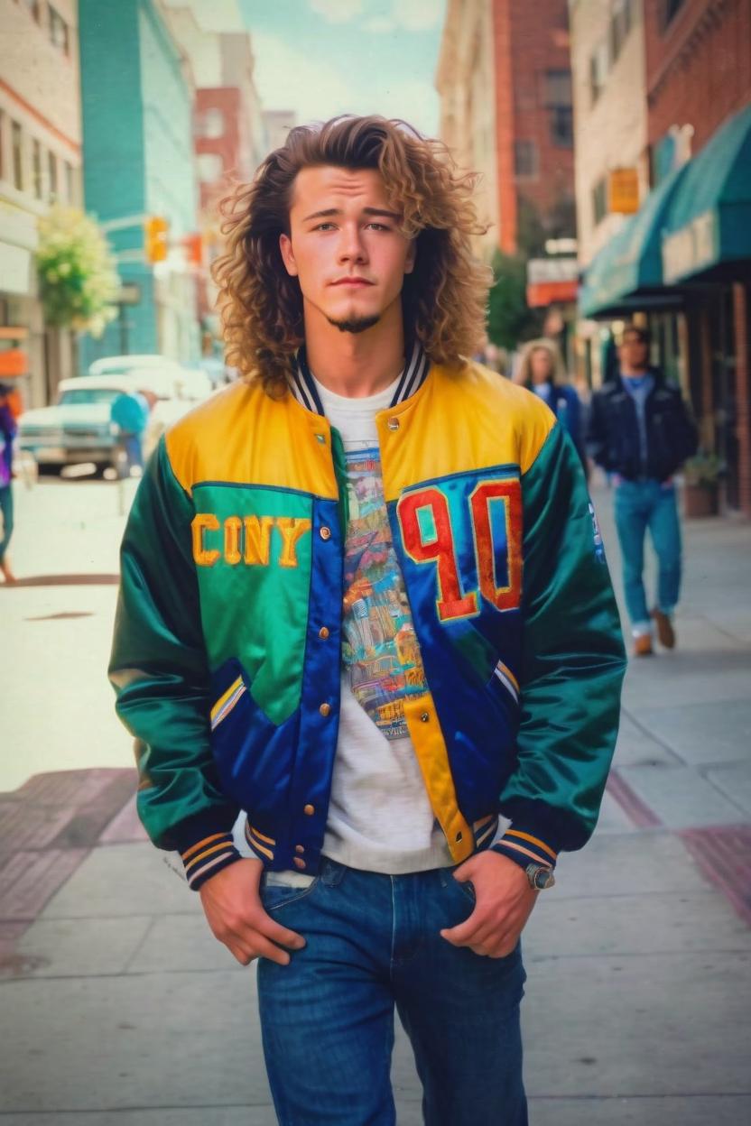 Artificial Intelligence (AI) generated image art, man, is a handsome man, on a vintage 80s photo, ((analog realistic photography)), ((accurate portrait of man)) dressed in 90s mans fashion, wearing an varsity jacket, walking down the street, full body portrait, the 90s astectic in background amongst city street, colorful