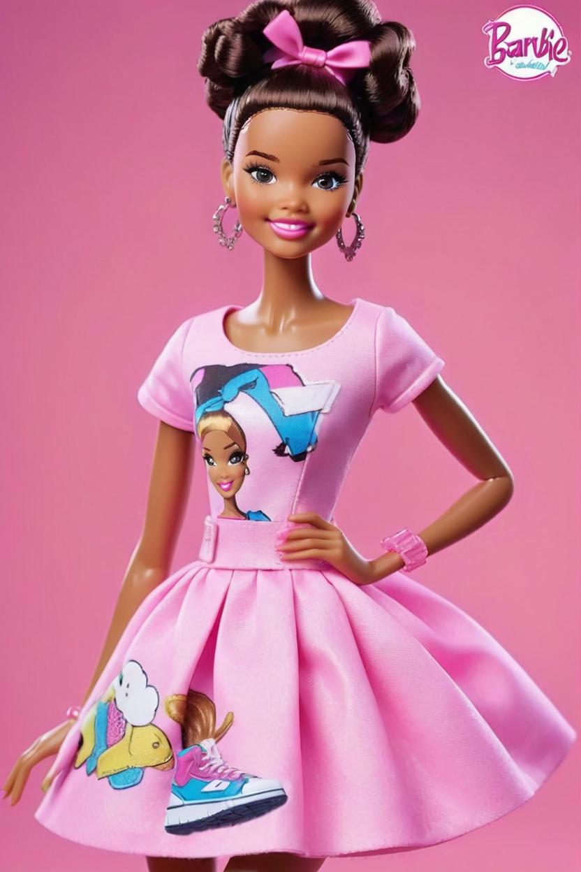 Artificial Intelligence (AI) generated image art, woman,transform into a cartoon-like barbie her skin should be a beautiful shade of brown she should wear barbie's iconic pink dress with stylish accessories and matching shoes ensure her hair is long and flowing like barbie's and her eyes are bright and expressive capturing the fun and glamorous essence of barbie keep her appearance youthful and childlike the image should be full body with a backdrop that reflects barbie's fashionable and playful world highlighting her as a chic and confident character