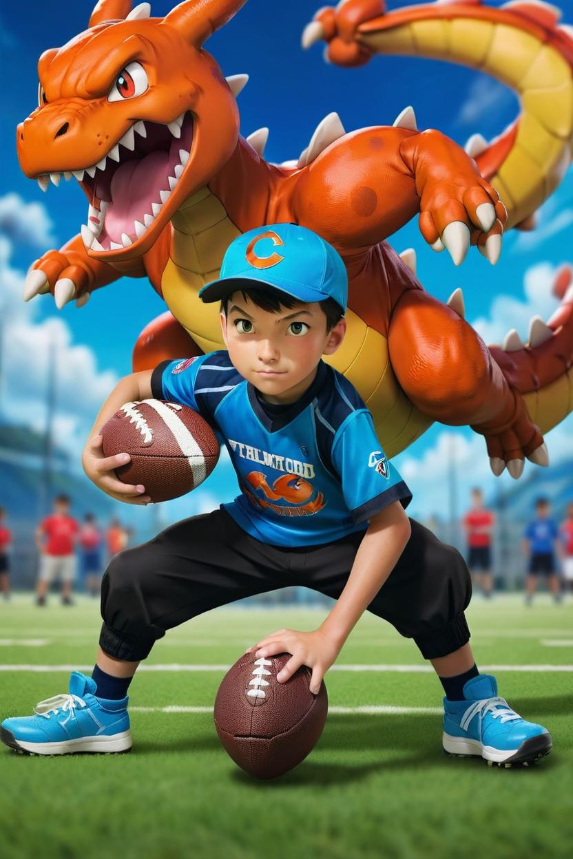 Artificial Intelligence (AI) generated image art, a boy, who is also a pokemon trainer is playing football with Charizard