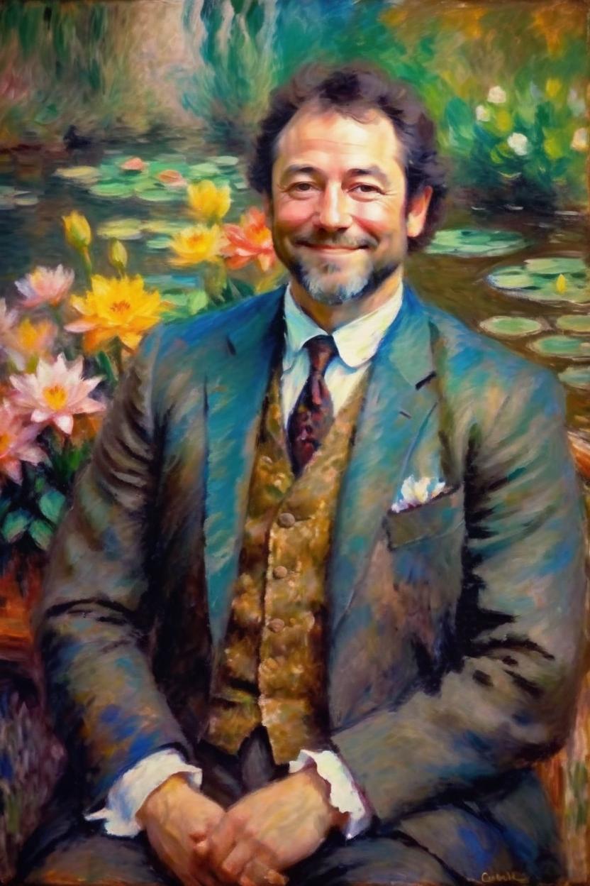 Artificial Intelligence (AI) generated image art, portrait of man as a handsome man, he is 44 years old, he looks happy, peaceful, heavenly atmosphere, vibrant colors, a painting by Claude Monet ,water lilys, brown suit, old fashioned clothes, classic, art,