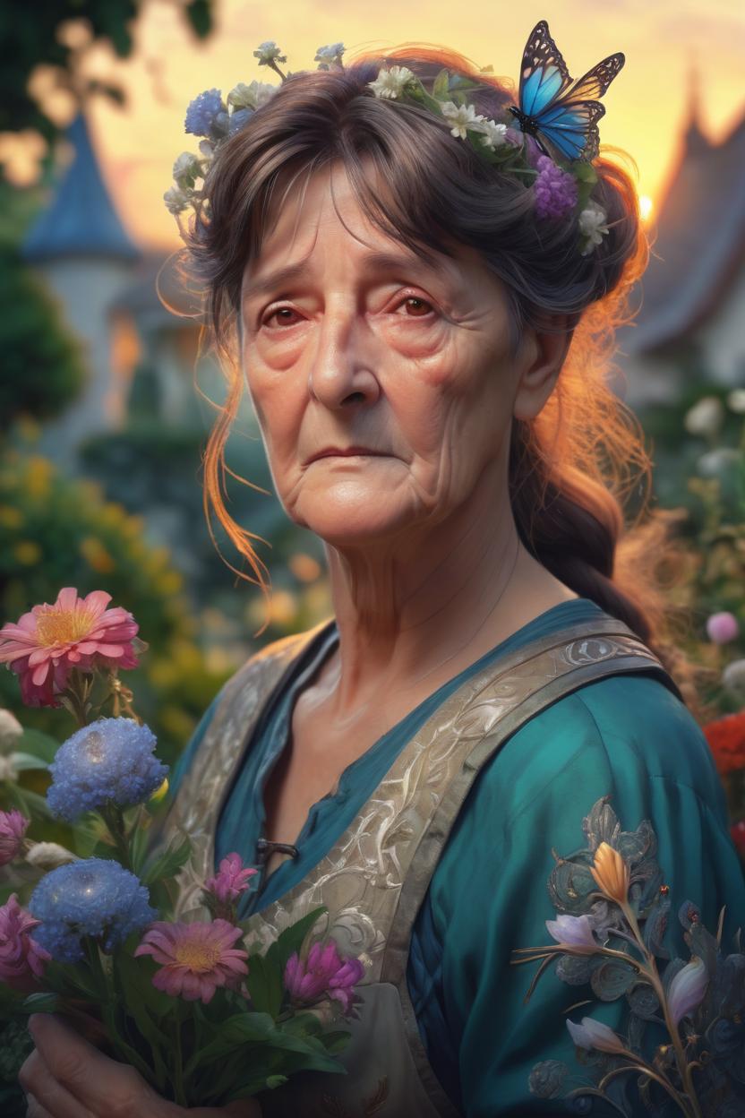 Artificial Intelligence (AI) generated image art, woman, ((portrait)), beautiful mature fairy princess, highly detailed illustration, in a garden holding a bunch of wild flowers, deep focus, d & d, fantasy, intricate, elegant, highly detailed, digital painting, artstation, concept art, sunset, matte, sharp focus, illustration, hearthstone,d marco mazzoni, D&D, artstation, Artgerm, Greg Rutkowski, Alphonse art by artgerm and greg rutkowski and alphonse mucha anMucha, Marco Mazzoni