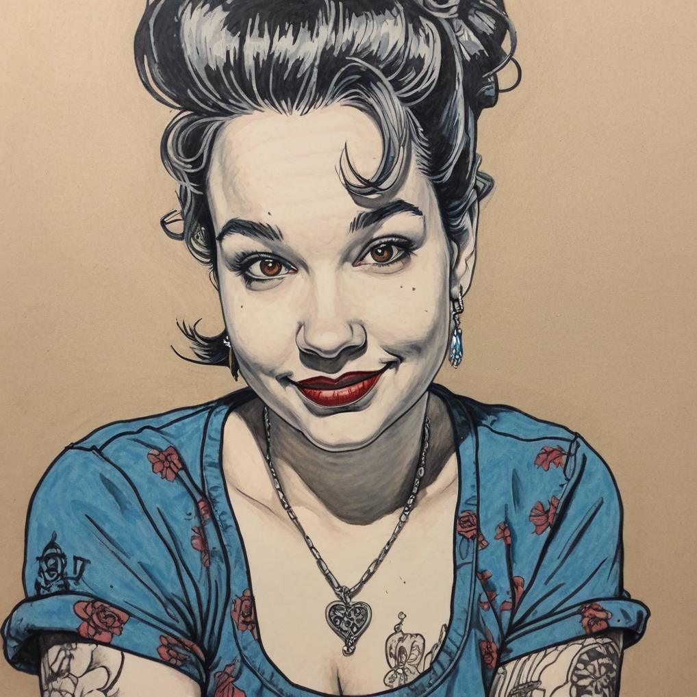 Artificial Intelligence (AI) generated image art, Portrait, female, woman, (2-coloured ink drawing), pin-up, oil painting, detailed