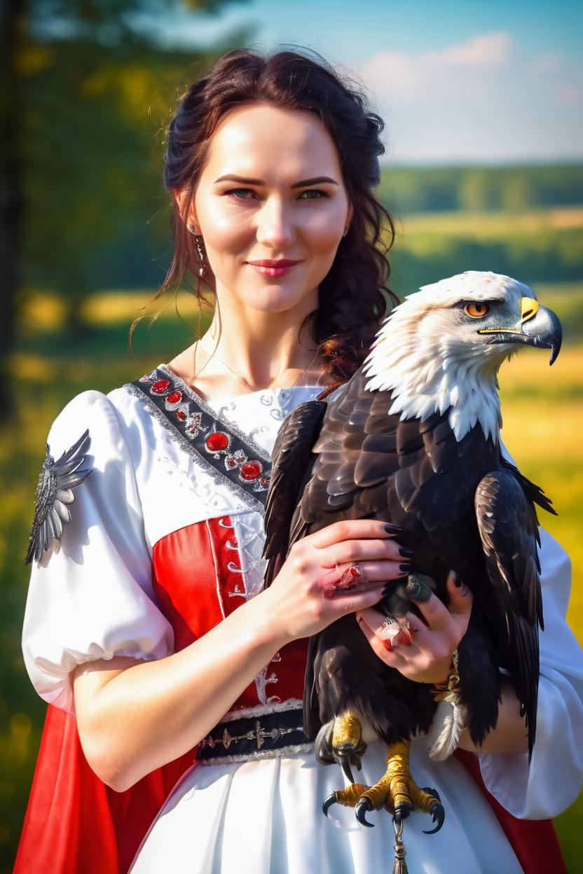 Artificial Intelligence (AI) generated image art, woman, ((portrait)), fantasy princess, fantasy paladin, wearing read and white traditional dress and holding a huge black Eagle on her arm. Polish Flag in the background. digital art by greg rutkowski, in sunny farmland