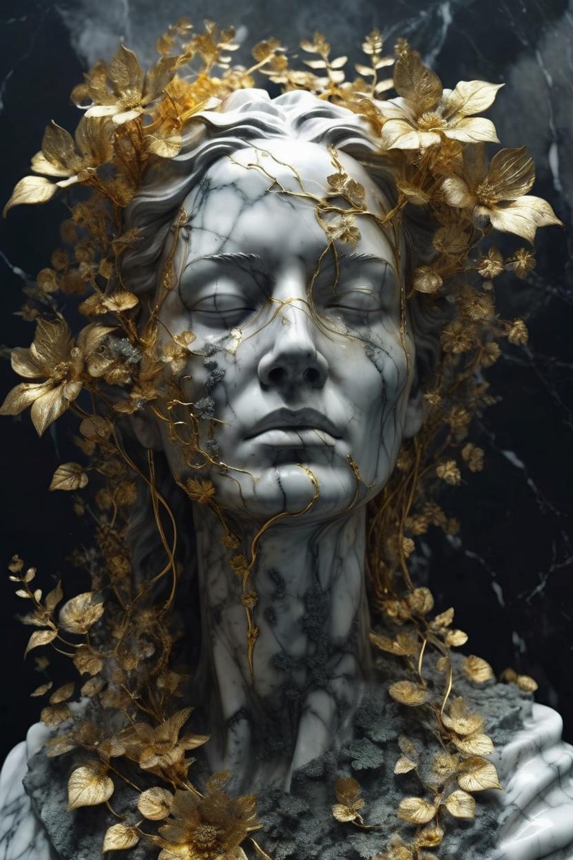 Artificial Intelligence (AI) generated image art, woman, a sculpture of a person with flowing golden tears, fractal plants and fractal flowers on the skin, a marble sculpture by nicola samori, behance, neo - expressionism, marble sculpture, apocalypse art, made of mist, octan render
