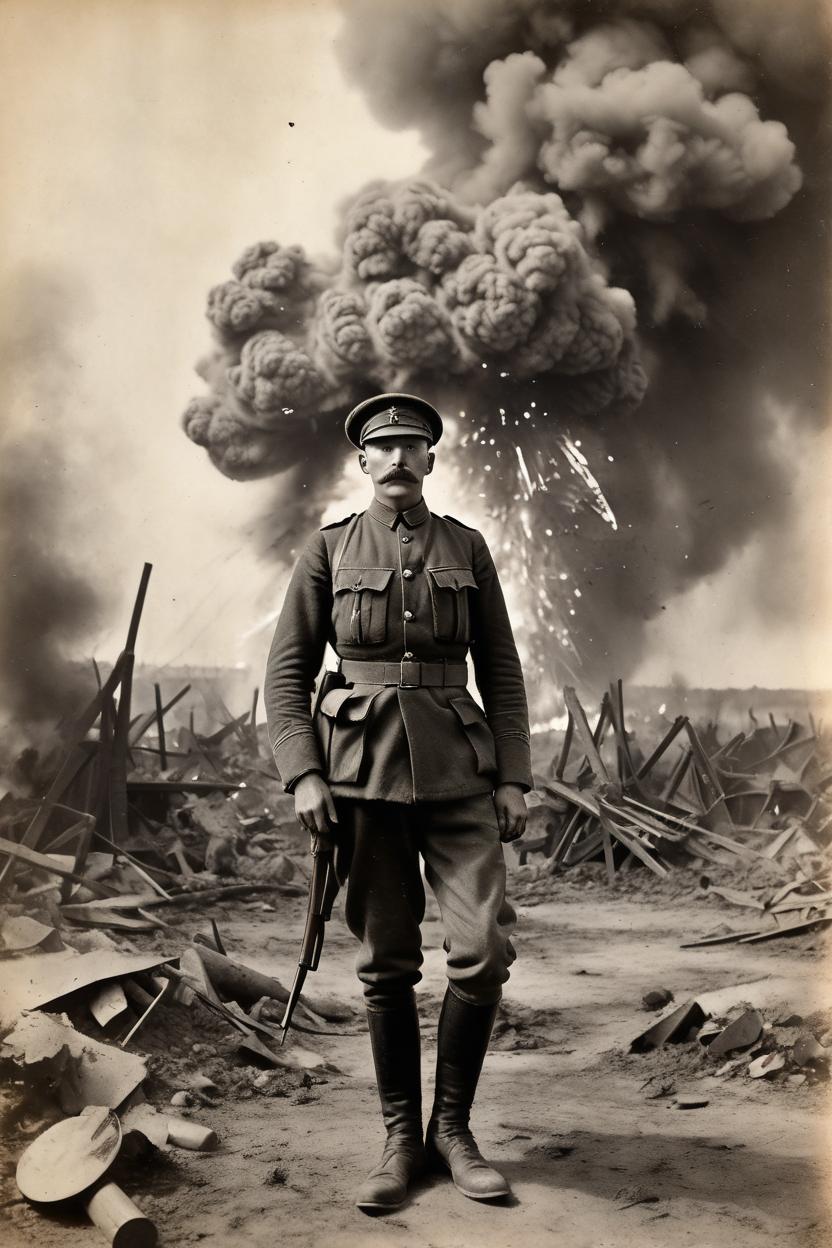 Artificial Intelligence (AI) generated image art, photo of beautiful man, b&w, 1900 photograph, vintage, portrait, photorealistic, asvperiod world war one british soldier, world war one battle explosions in background, art by artgerm, contrast