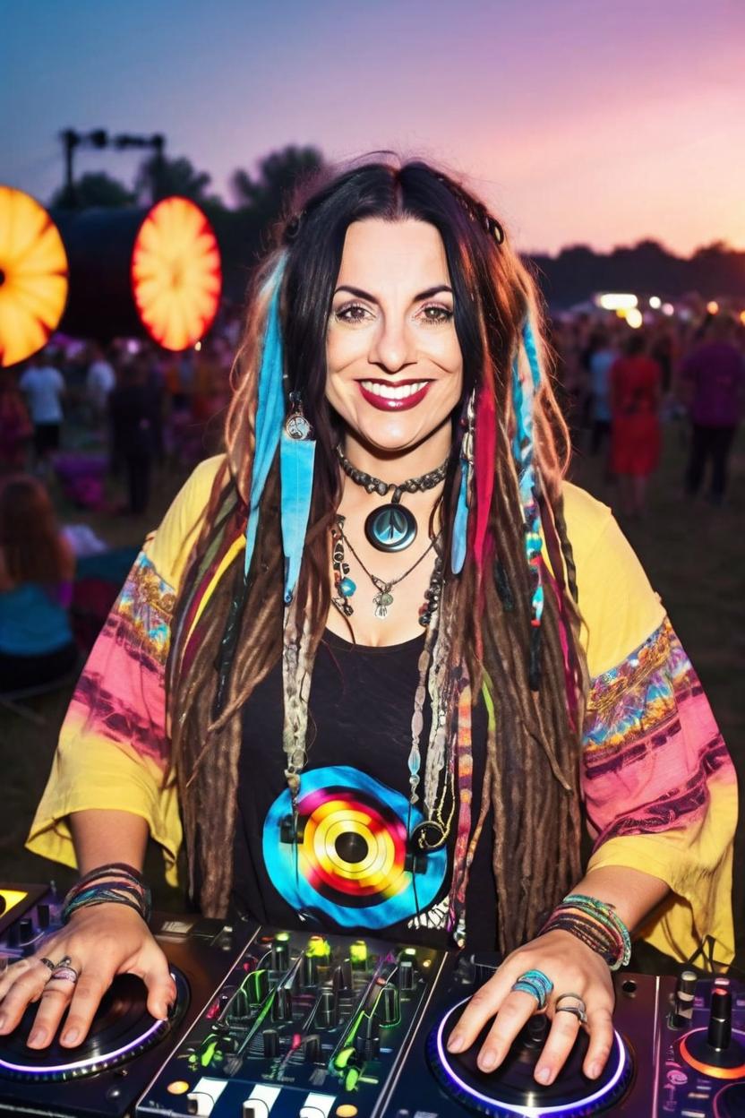 Artificial Intelligence (AI) generated image art, Beautiful woman, portrait, with coliurful dreadlocks hairstyle, hippie clothes, as a dj, in open air music event, sunset, stunning photograph