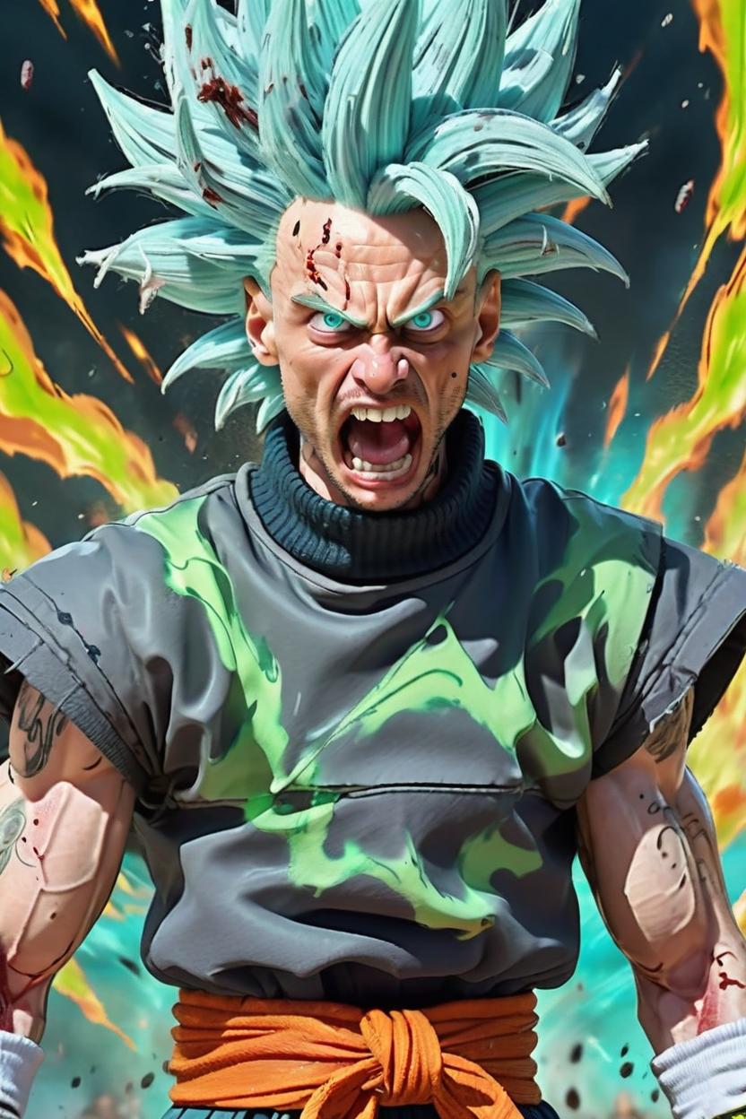 Artificial Intelligence (AI) generated image art, man, as a super saiyan god, In the style of Anime, Dragon Ball Z, art by Akira Toriyama, full body, looks like man, powering up to next saiyan level, yelling, coloured aura, highly detail, sweaty and bloody from the battle, in a battle field, 4k, Anime