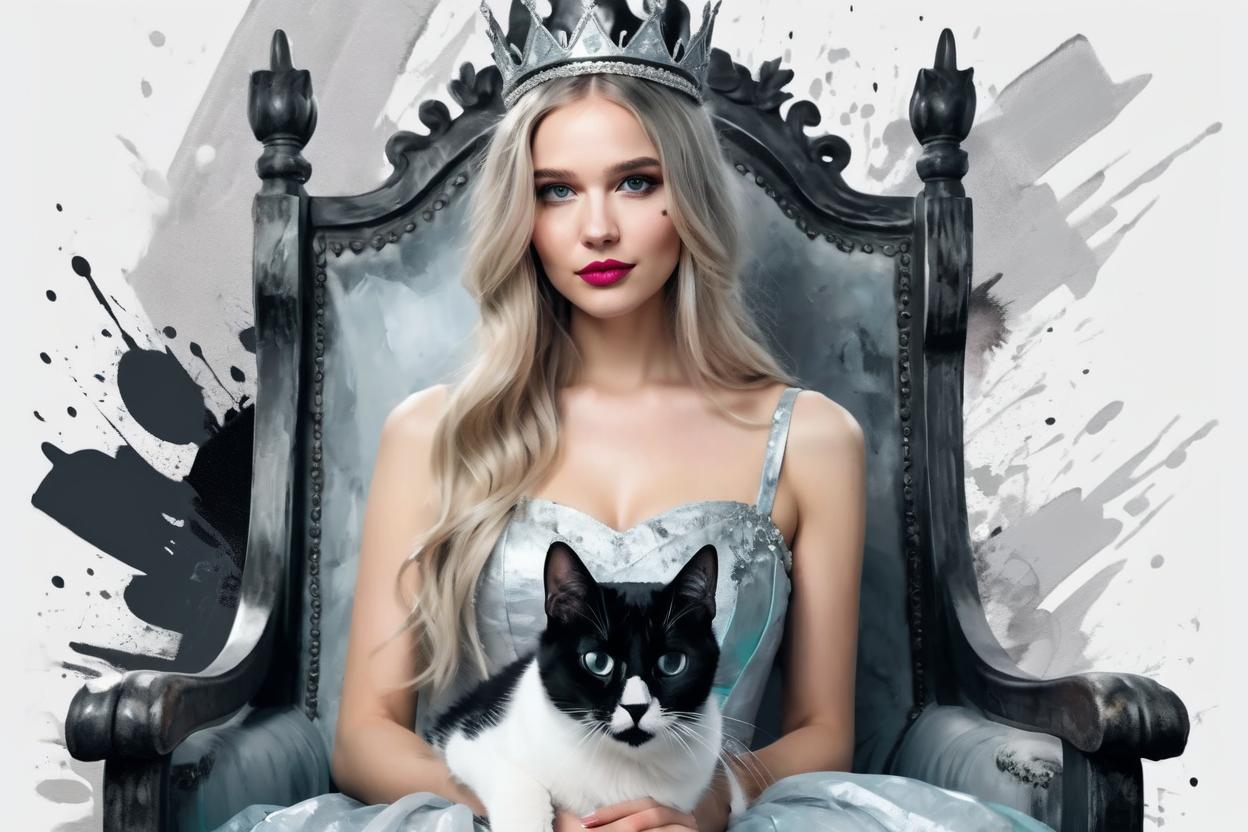 Artificial Intelligence (AI) generated image art, woman as a princess in silver dress with a crown on a head. Long blonde hair, sitting on a throne and holding a european black-white cat,  upper body portrait, impasto technique, low angle, detailed eyes, detailed pink lips, gray teal and black accents, dripping paint, illustration, painting, poster, impressionist, visible brush strokes, splashes, dynamic, sultry lips, seductive expression, painterly aesthetic