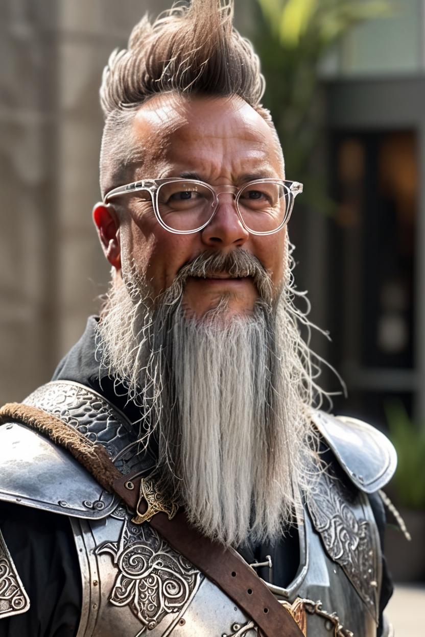 Artificial Intelligence (AI) generated image art, create a professional headshot of man, with clear rimmed glasses, a mohawk, as a Knight from Lord of the Rings, Natural lighting, shallow depth of field