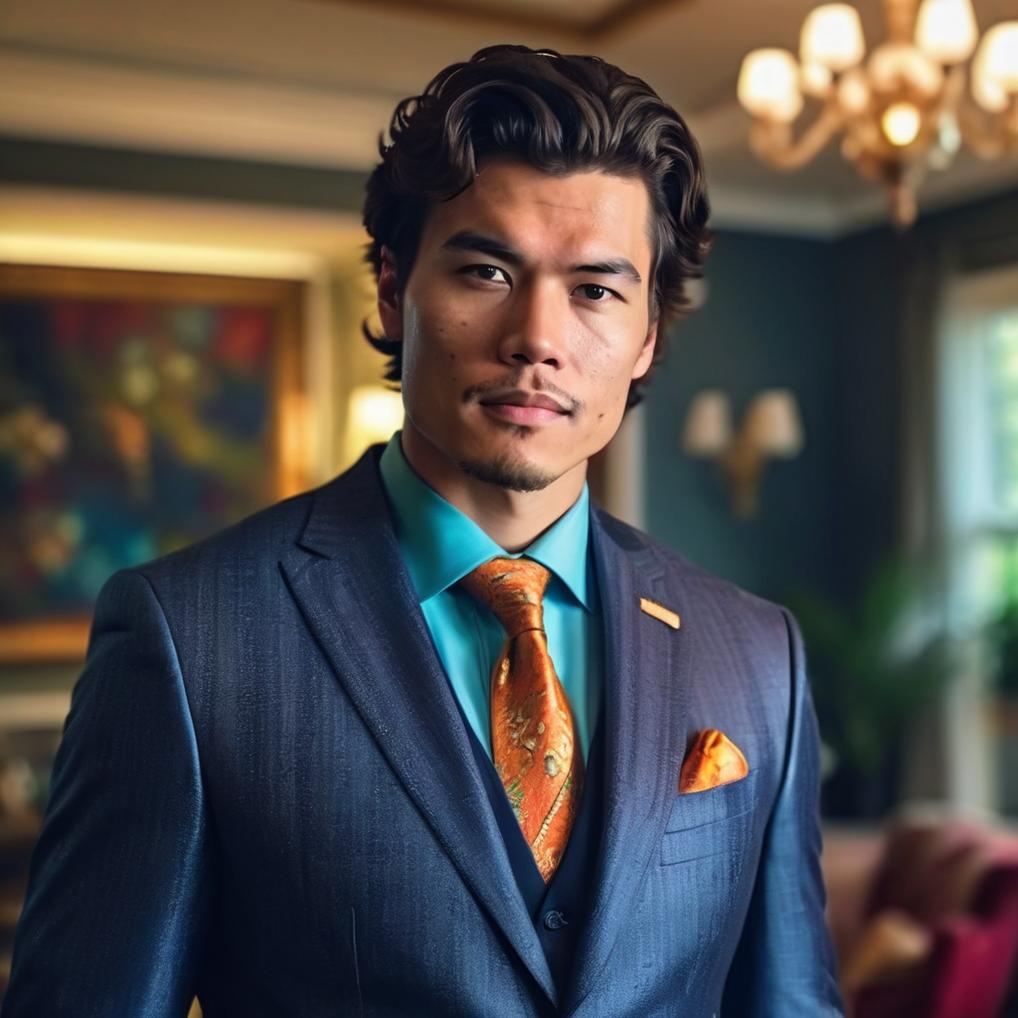 Artificial Intelligence (AI) generated image art, man,Ultra realistic portrait photography, wealthy, millionaire wearing an expensive suit, handsome man standing in his large home, captured in high resolution with vibrant colors and clean, sharp focus. Shot with a professional full-frame DSLR camera, utilizing soft natural lighting to accentuate the subject\'s features and convey a sense of luxury. The composition emphasizes the subject\'s confident demeanor, with a shallow depth of field to create a striking visual impact.