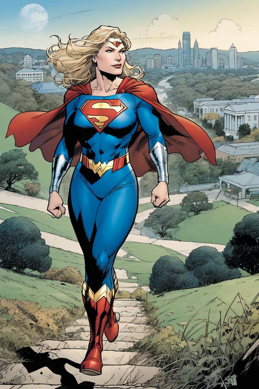 Artificial Intelligence (AI) generated image art, woman, as a woman from Justice League #1, DC, walking down a hill, November 2011, By Jim Lee