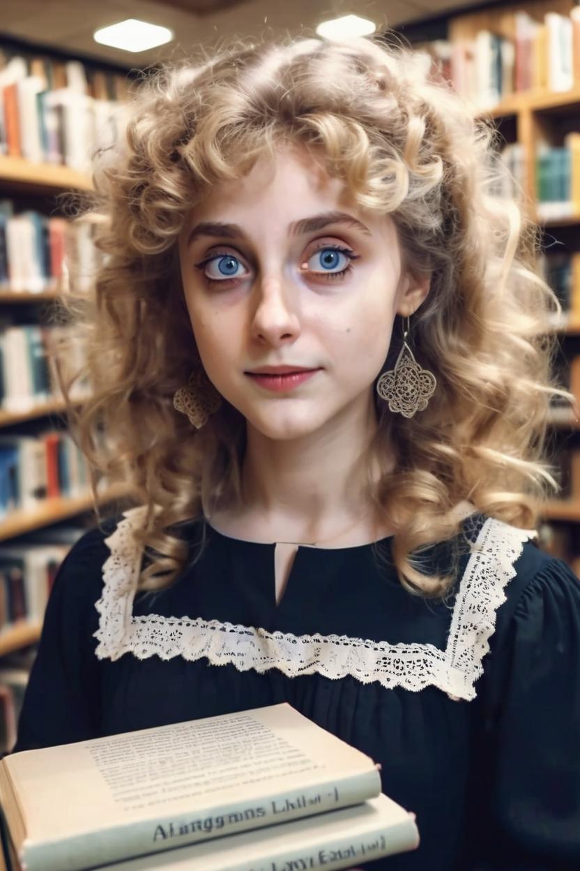 Artificial Intelligence (AI) generated image art, woman, young, 21, at bookstore, looking studious, her hair is long and blonde, cute girl, big eyes, feminine, scoop neck blouse, intricate detail, wide angle, instagram model, portrait, holding books, 4k, realistic, photo