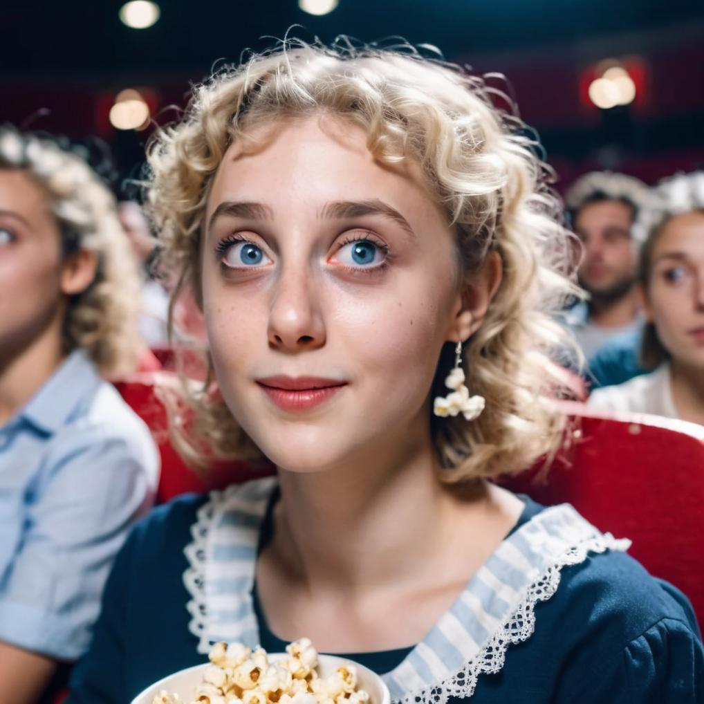 Artificial Intelligence (AI) generated image art, woman, young, 21, cute girl, eyes, blonde hair, feminine, intricate detail, wide angle, ultra detailed, instagram model, 4k, photo, realistic, sitting in a movie theater, eating popcorn, wearing a shirt with a sweetheart neckline