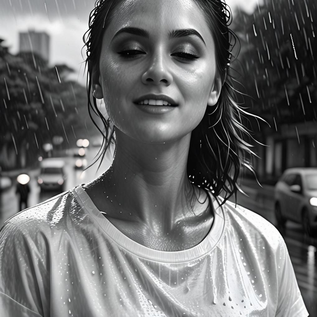 Artificial Intelligence (AI) generated image art, woman, portrait, hyper realistic, 8k, black and white, rain, (wet hair), wet t-shirt, woman seen from the side, face turned up towards sky, eyes closed, enjoying being rained upon. mysterious atmosphere, highly detailed