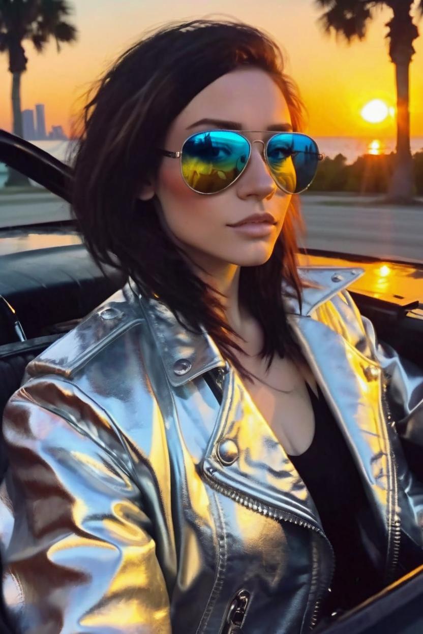 Artificial Intelligence (AI) generated image art, woman, on a GTA IV original poster, in a GTA art style, as a beautiful gangster woman, sitting on a hood of an expensive, retro car, Miami street in the background, plam trees and sunset, vibrant colors, shoulder length wispy brown hair, her colorful sunglasses rest on her nose exposing her blue eyes a tint of yellow can be seen in her eyes, laser silver iridescent leather jacket is on her shoulder, vibrant colors