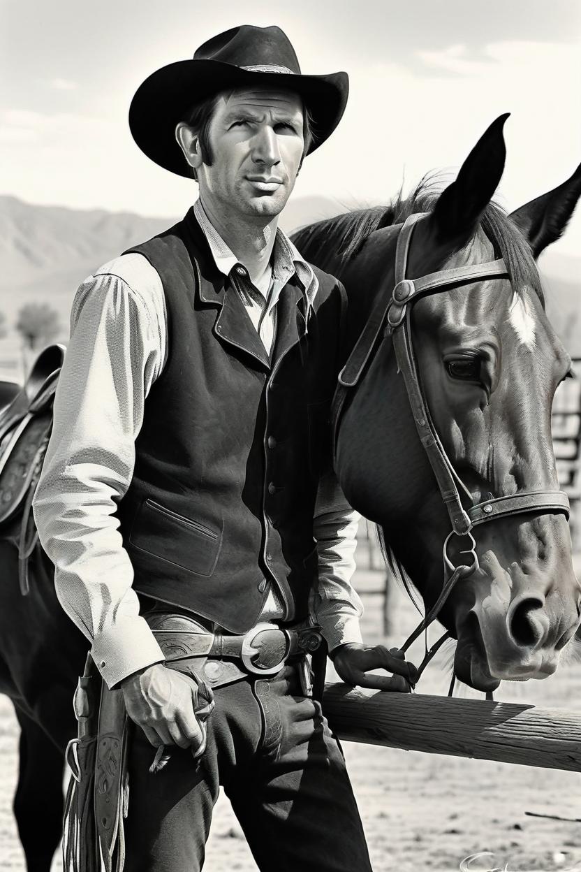 Artificial Intelligence (AI) generated image art, photo of man, b&w, 1900 photograph, vintage, portrait, photorealistic, asvperiod wild west one cowboy, leading horse, hitching post in background, art by artgerm, contrast