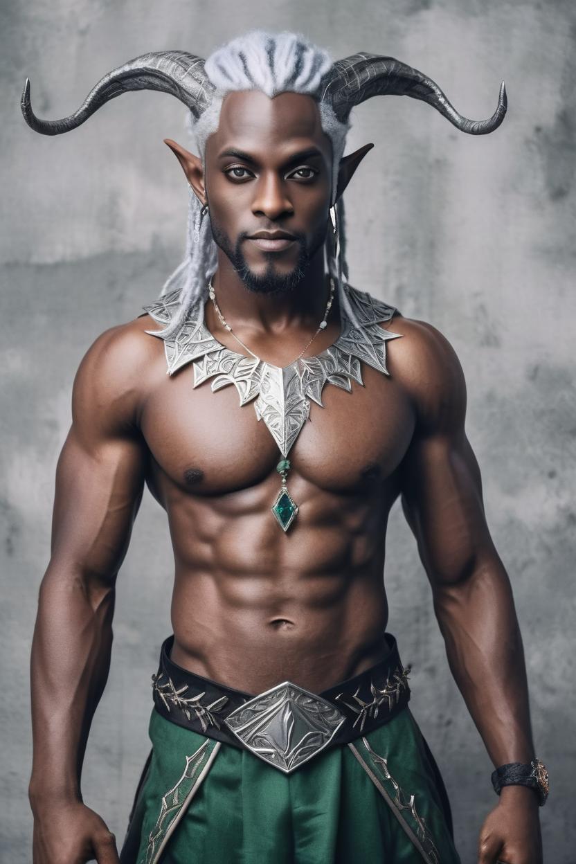 Artificial Intelligence (AI) generated image art, man, "Create a full-body image of a dark elf wearing an elven-style outfit, featuring a crop top (that covers half of my upperbody) that reveals half of my abs. The costume includes intricate, fantasy-inspired designs with long pointy ears, elegant jewelry, and a delicate crown. The dark elf’s silver hair flows down, and their look exudes both power and grace."