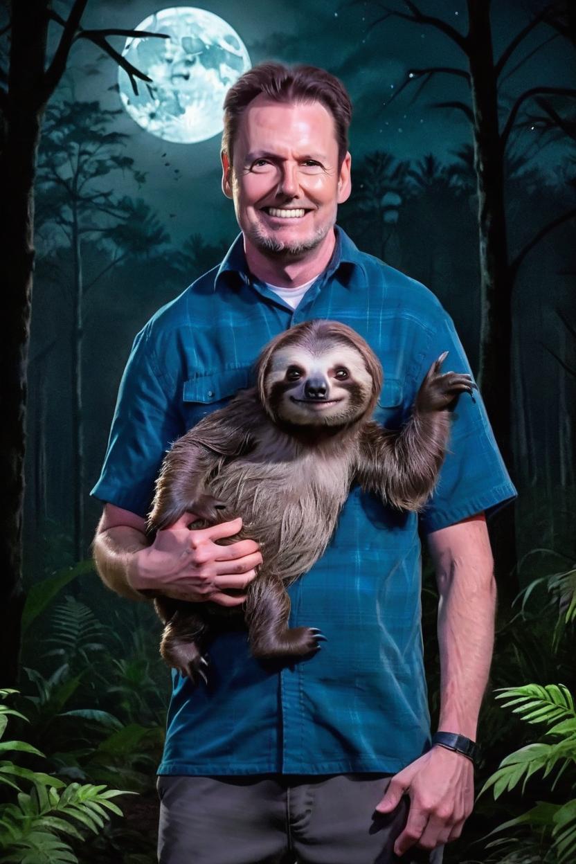 Artificial Intelligence (AI) generated image art, man, holding a sloth, full body scene, dark lit night scene, both look scared, forest background, full moon night sky