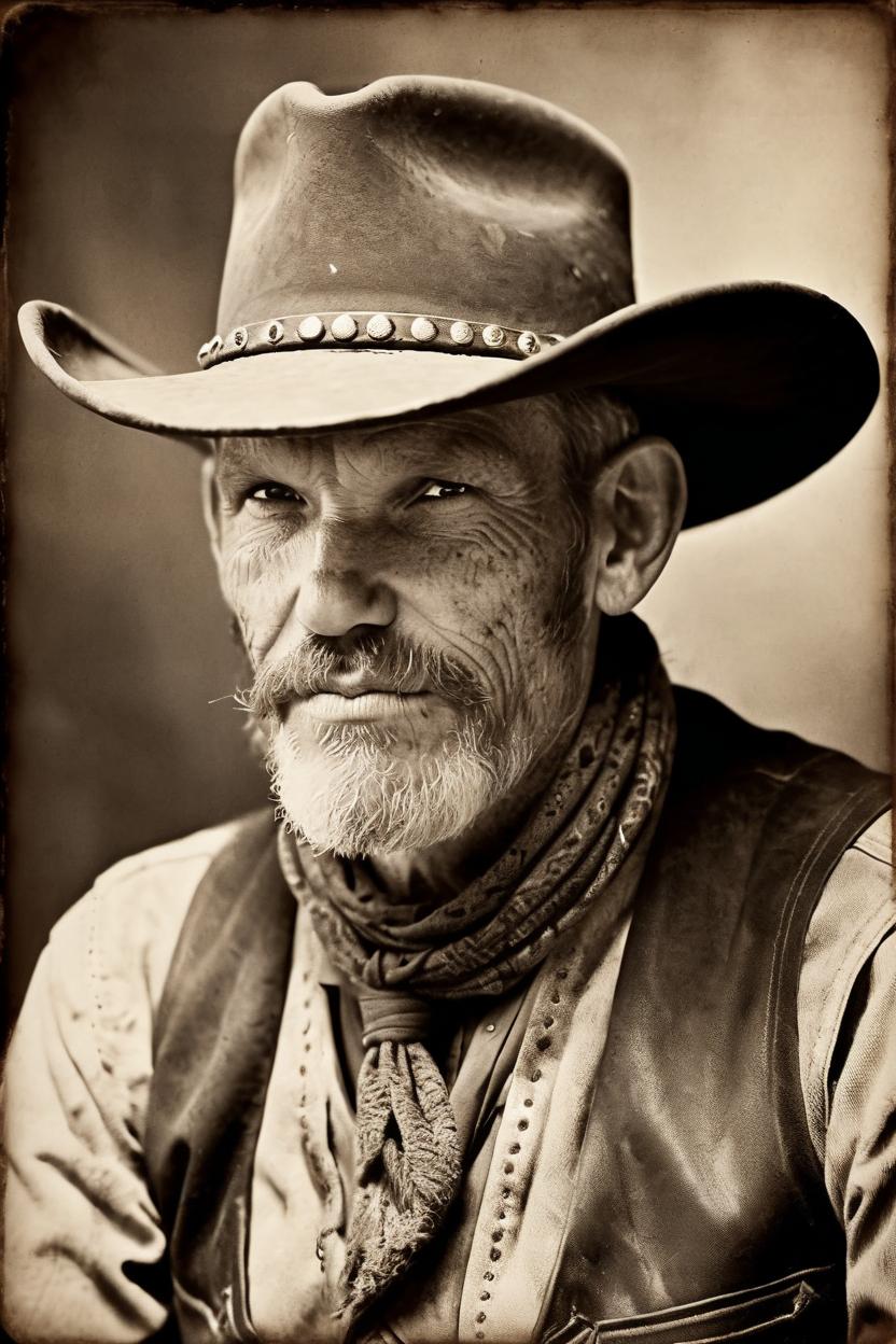 Artificial Intelligence (AI) generated image art, man, realistic portrait, cowboy, ((silver plate photography)), ((1880s)), ((wild west)), ((sepia tone))