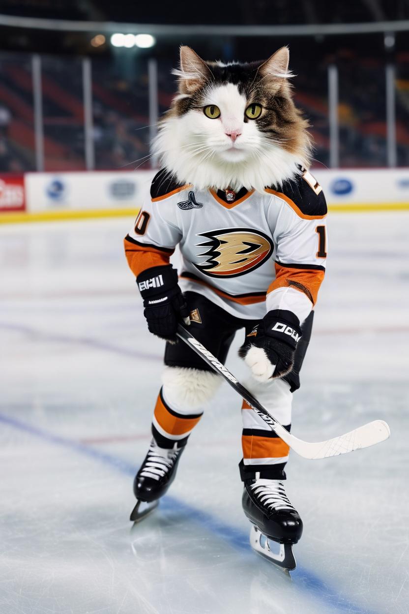 Artificial Intelligence (AI) generated image art, A realistic photo of a cat skating on an ice hockey rink, wearing a full NHL Anaheim Ducks hockey uniform including jersey, helmet, and tiny custom ice skates. The cat is confidently gliding across the ice, controlling a puck with a hockey stick, heading toward the goal to score. The arena lights glow brightly overhead, and the ice reflects the action. The scene feels dynamic, energetic, and inspiring, capturing the intense moment before the cat makes the winning goal.