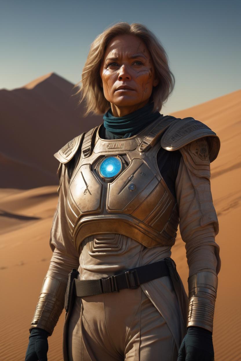 Artificial Intelligence (AI) generated image art, woman as dune character, beautiful, tan skin, in the dessert, highly detailed illustration, sci-fi movie, cinematographic lighting, by greg rutkowski