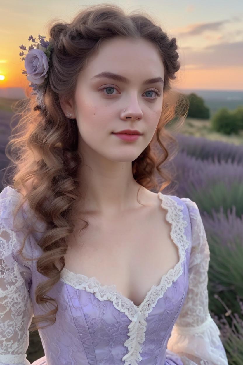 Artificial Intelligence (AI) generated image art, woman, pretty girl, thin nose, eyes, long hair, 4k, ultra detailed, realistic, photo, feminine, bridgerton style, period piece dress, lace long sleeved dress, lavender and white dress, at sunrise, hair in an updo with curls around face