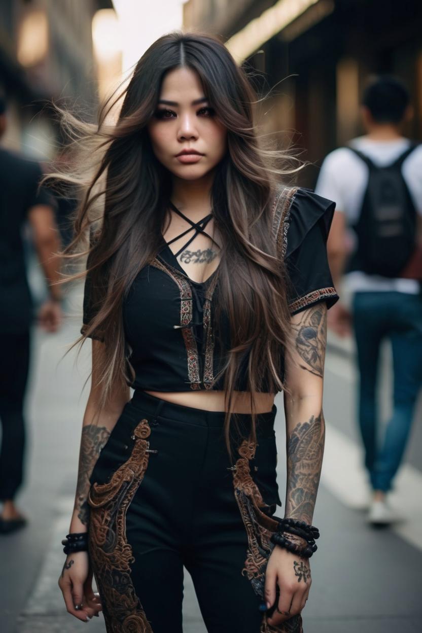 Artificial Intelligence (AI) generated image art, woman, very long dark brown layered hair, dark brown eyes, pouty lips, Hyperrealistic, full body shot of showing detailed intricate work, meticulous attention, stunning costume design, smooth natural skin, full body photo, Tattoos, wearing all black clothing only, walking down the street, paparazzi photos, shot using Sony a7III mirrorless camera, the wind blowing through hair,