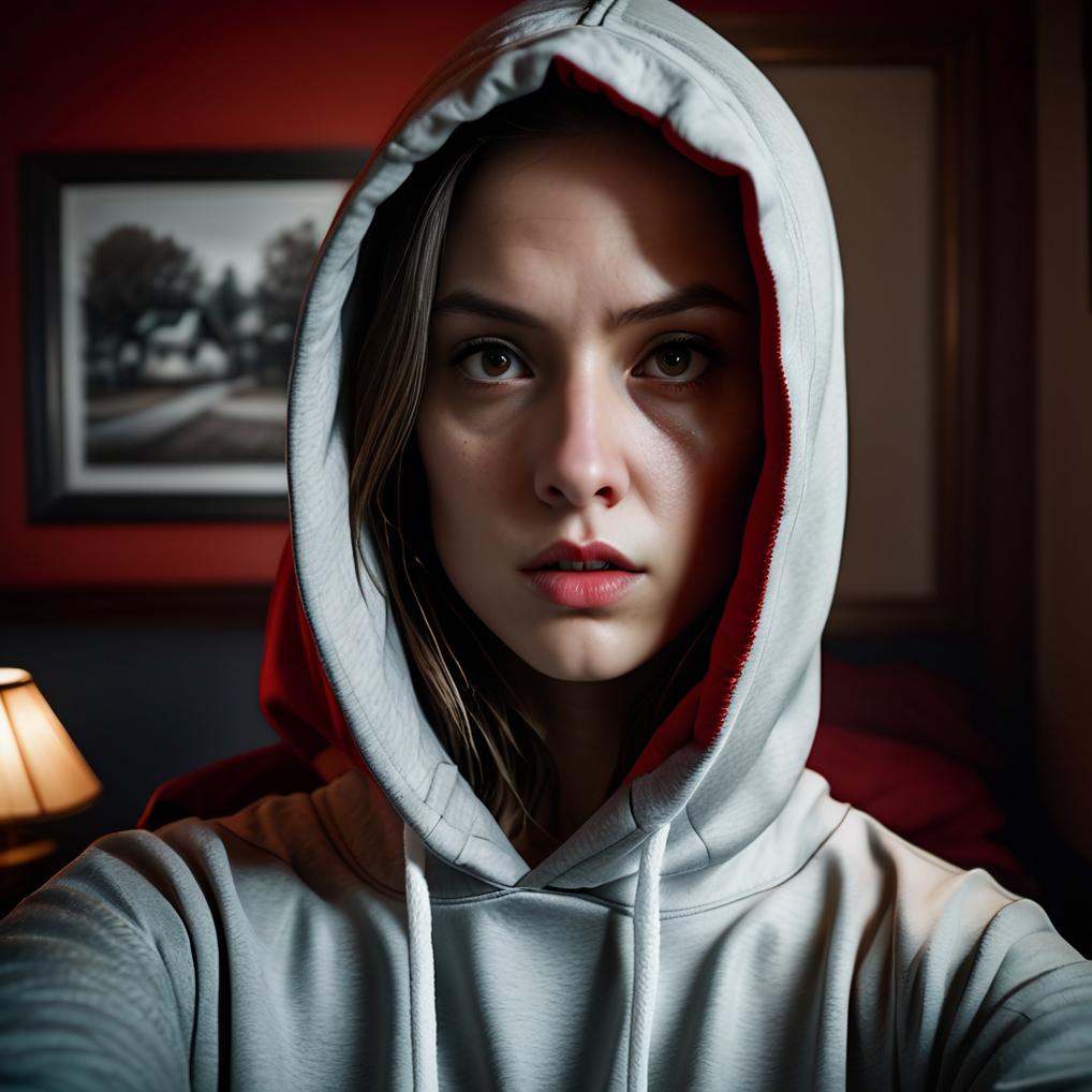 Artificial Intelligence (AI) generated image art, woman, (((selfie))), Shot on Hasselblad H6D-400c lens, ultra high definition, ultra-realism, ultra realistic, picture from shoulders up, wearing oversized hoodie, hood pulled up over head, ((sad expression on face)), eyes red from crying, no makeup, sitting in darkened bedroom, light from a solitary lamp