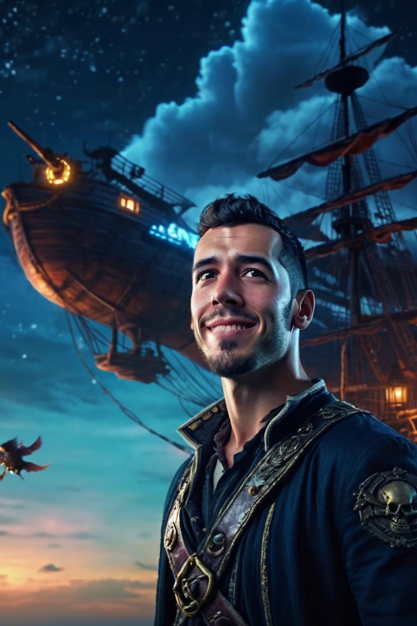 Artificial Intelligence (AI) generated image art, man as a sky pirate, portrait, night sky background, flying ship, epic, cinematic lighting, 4k, sharp focus, art by greg rutkowski