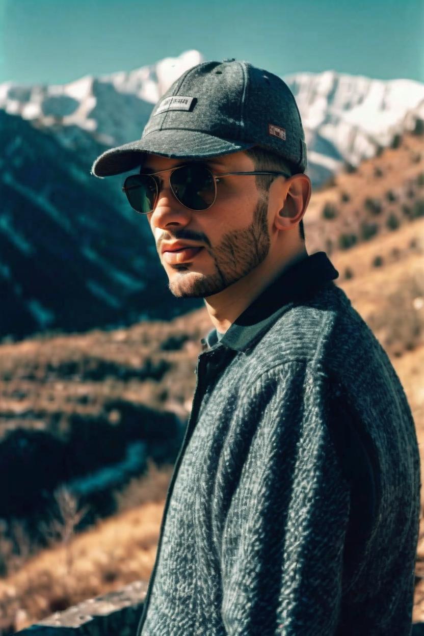 Artificial Intelligence (AI) generated image art, man, wearing winter hat, sunglasses ((8k landscape)), ((realistic face)), ((far from camera)) shot on Kodak Portra 400, Helios 44-2 f/ 2.0, ((vintage photo)), mountains landscape