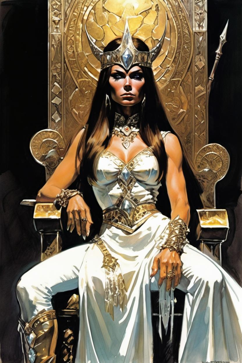 Artificial Intelligence (AI) generated image art, woman, 1970s dark fantasy far perspective illustration dark crystal-style/excalibur 1981-style/conan the barbarian-style/frank frazetta-style epic illustration of a majestic, arrogant, confident, young, elven queen. Scantily/lightly dressed. Wearing white silk, showing some skin. Wearing a large golden headpiece. Sitting on a tall throne in a big dark throne room. With a very far perspective.