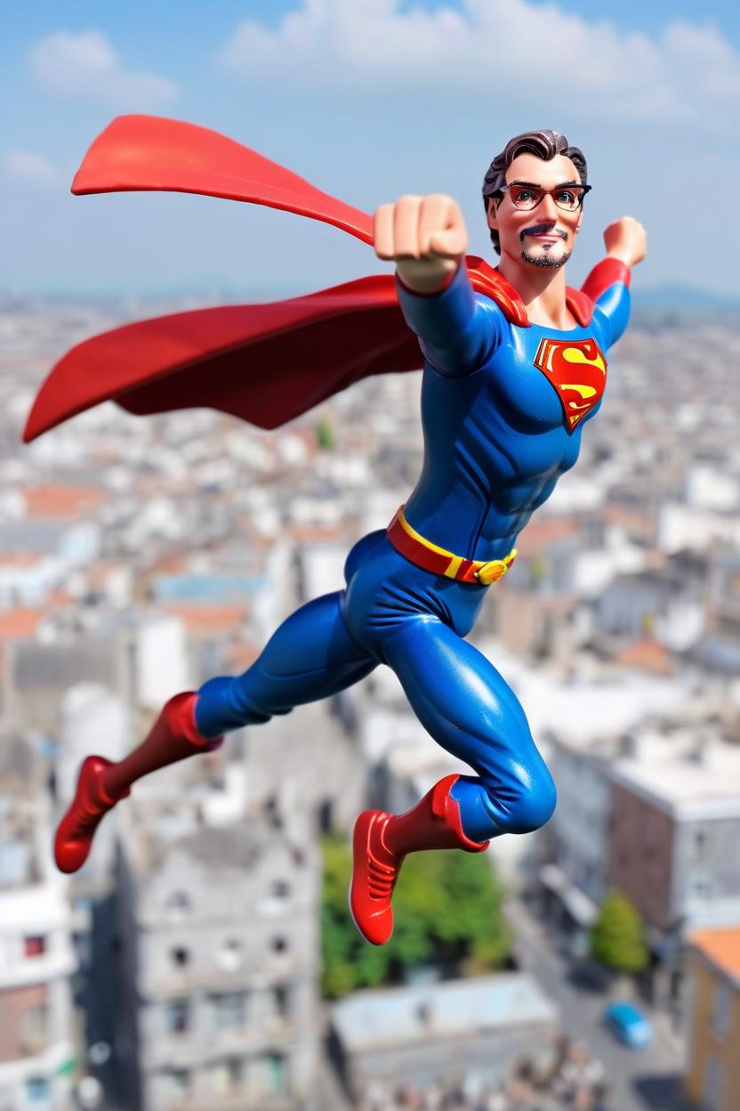 Artificial Intelligence (AI) generated image art, ((man)), with glasses, as a figurine, fullbody, flying through air in a Superman pose, dressed as Superman with a Dublin Ireland cityscape background, action figure, plastic