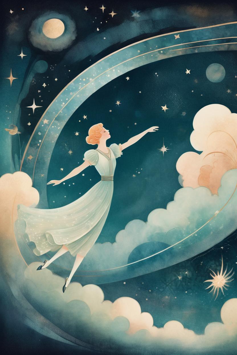 Artificial Intelligence (AI) generated image art, man, A delicate illustration depicting a whimsical scene of an elegant art deco-inspired figure gracefully drifting through the serene expanse of outer space, rendered with a soft, sweet aesthetic that captures the beauty of cosmic tranquility and ethereal movement, blending vintage design elements with a dreamlike celestial landscape.
