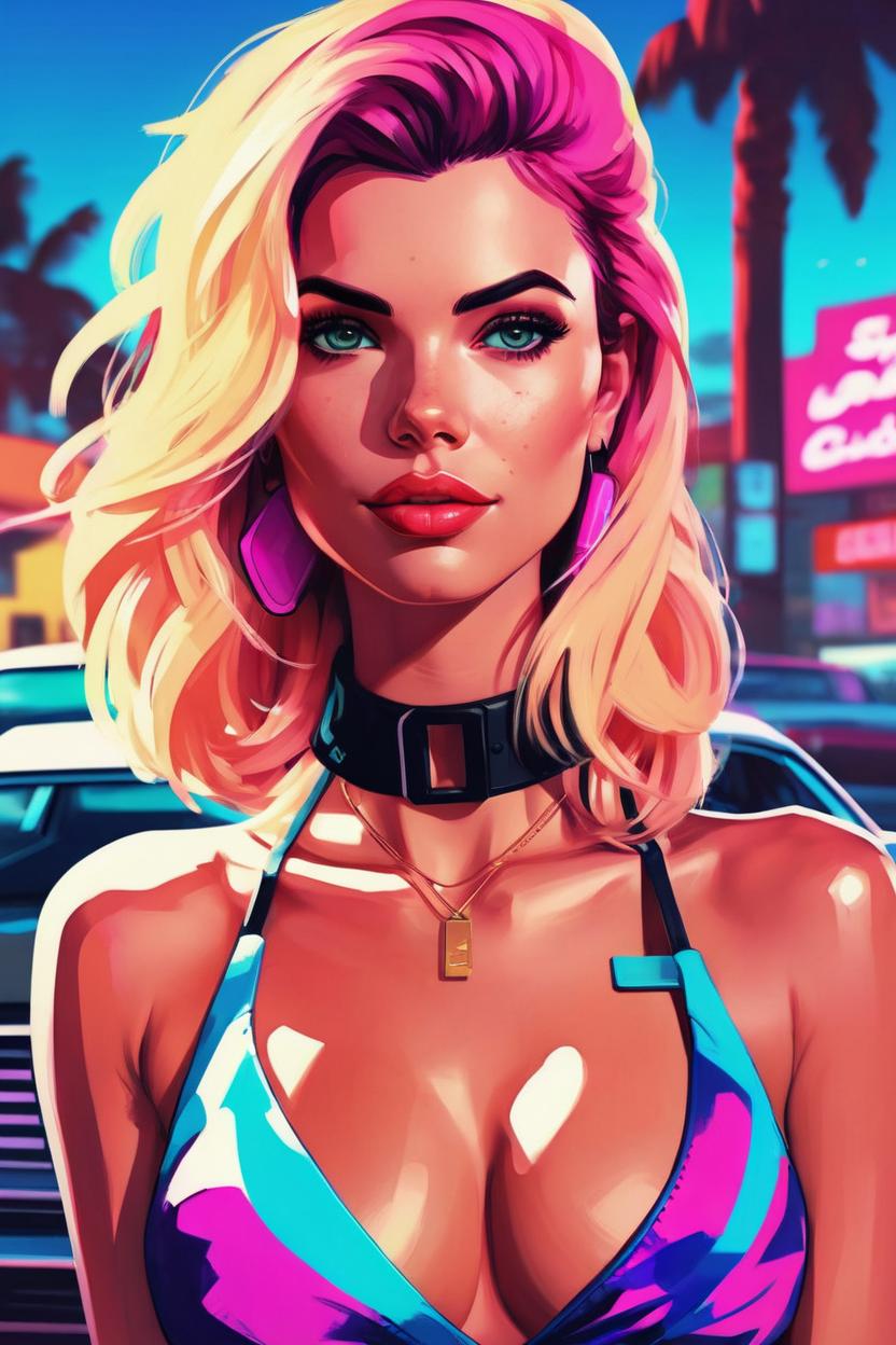 Artificial Intelligence (AI) generated image art, woman, SUBJECT, GTA 5 box art illustration, digital art, grand theft auto 6 poster art, colorful drawing, vivid colors, synthwave art, style of ilya kuvshinov, art by Patrick Brown, vector art
