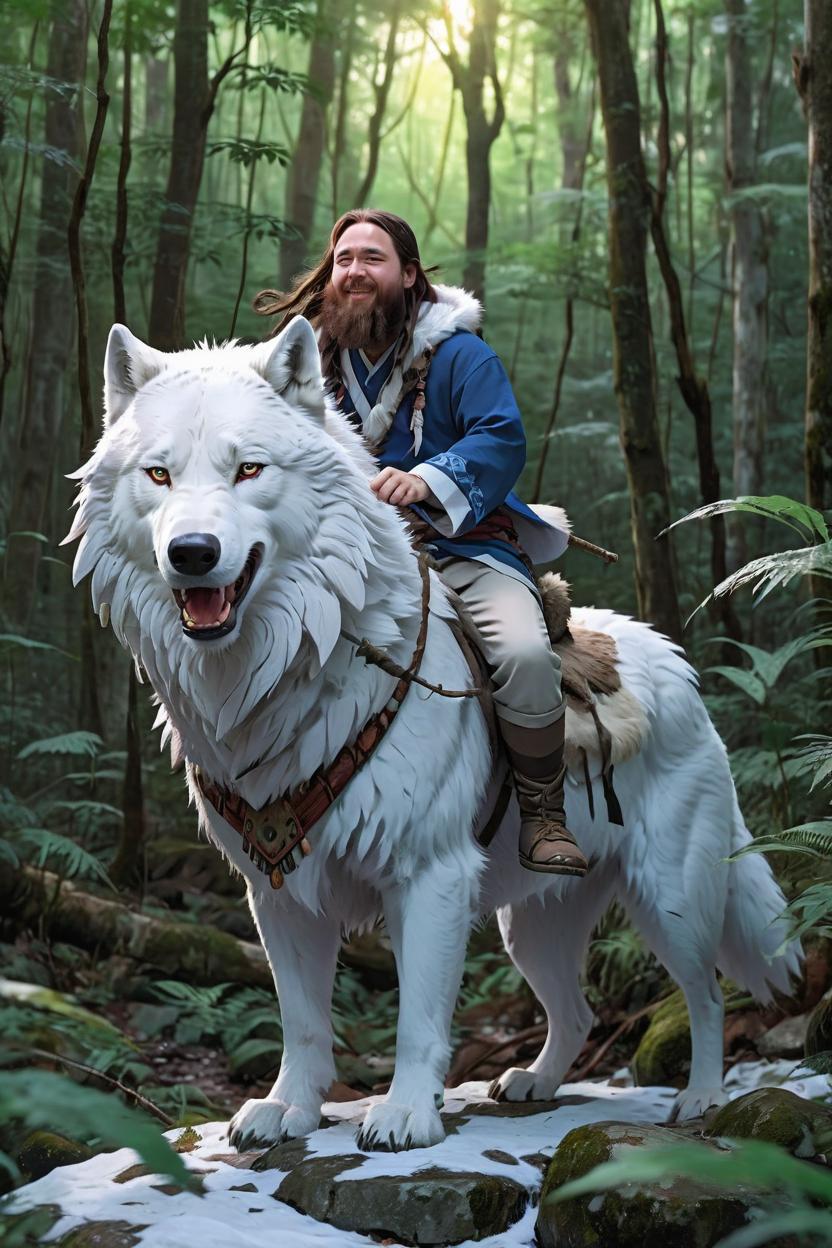 Artificial Intelligence (AI) generated image art, man, as a tribal anime boy Prince Mononoke, riding a giant white wolf in the jungle, anime style, illustration, anime girl art by makoto shinkai, from the movie Princess Mononoke