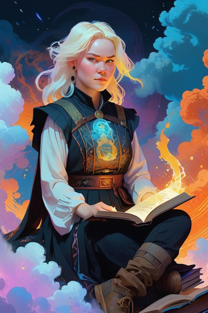 Artificial Intelligence (AI) generated image art, (woman) as a mage, holding a book of spells, portrait by Victo Ngai, Kilian Eng vibrant colors, award-winning masterpiece, fantastically gaudy, aestheticly inspired by beksinski and dan mumford, 4K upscale with Simon Stalenhag work, sitting on the cosmic cloudscape