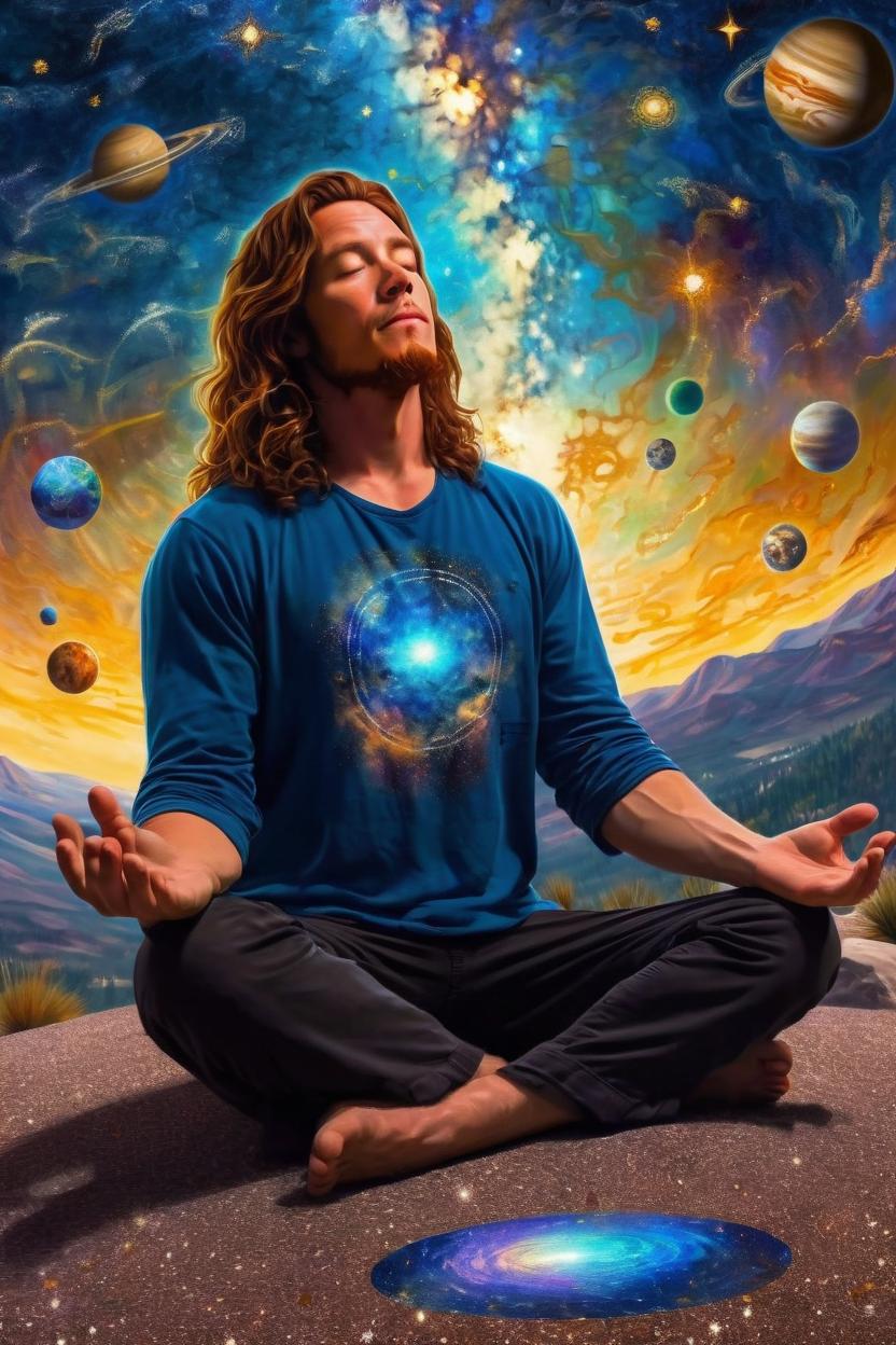 Artificial Intelligence (AI) generated image art, Panorama shot of colton ((man)) who is meditating in the wide open space of the universe. The Milky way, Suns and planets are seen. Highly detailed. In the style of art by greg rutkowski, man is covered in light. Cinematic and epic, realistic portrait, colorful, magical, realistic