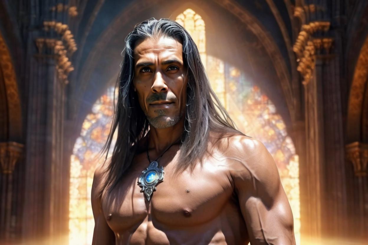 Artificial Intelligence (AI) generated image art, man, photorealistic, ultrarealistic, landscape portrait of a long haired Celestial Priest with honey colored eyes and muscular chest and arms, in a quantum-style cathedral backdrop, 16k, ultra HD, smooth, sharp focus, Half body, colorful volumetric lighting